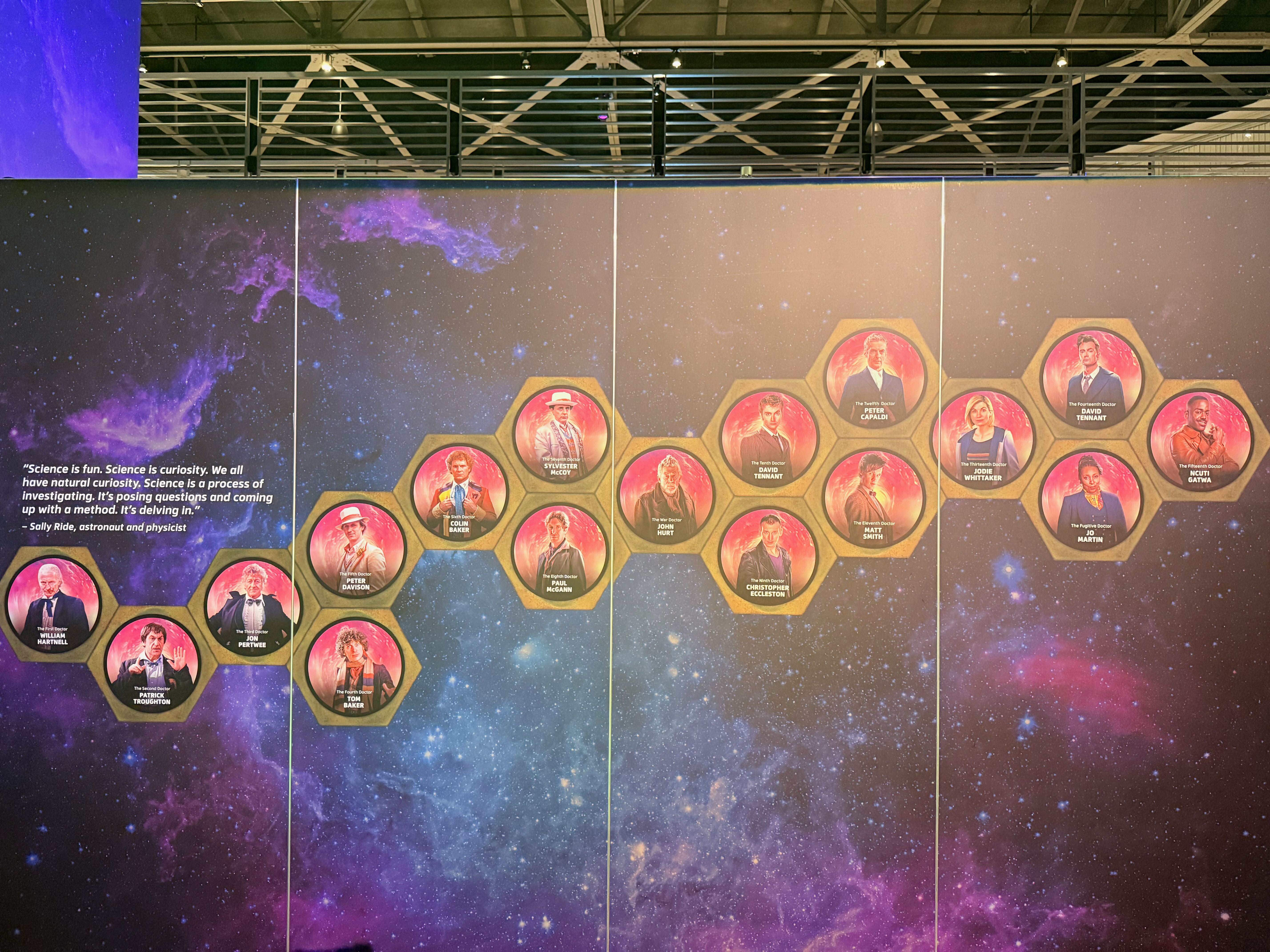 A timeline wall of different Doctors