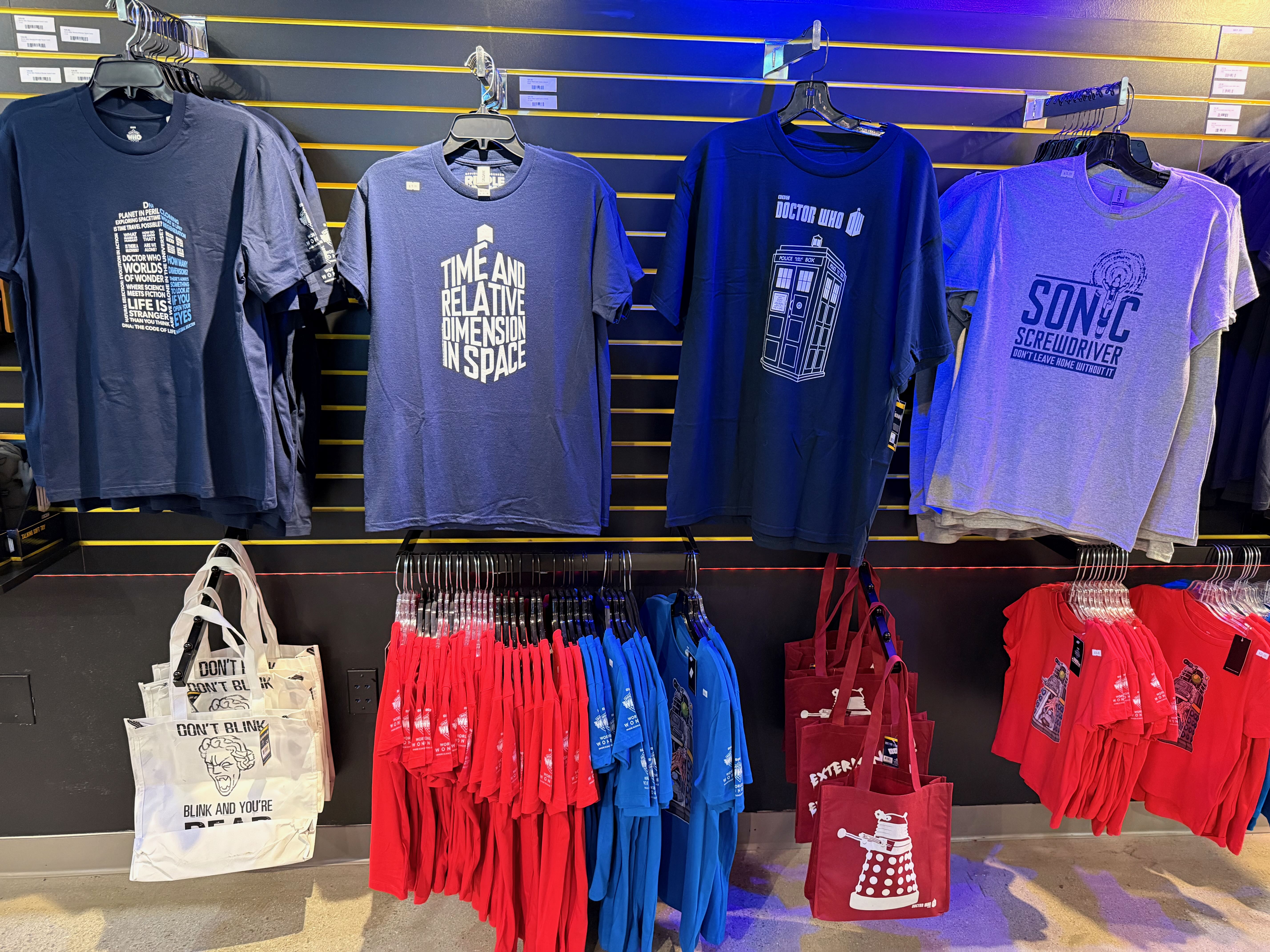 Doctor Who merchandise including T-shirts and bags