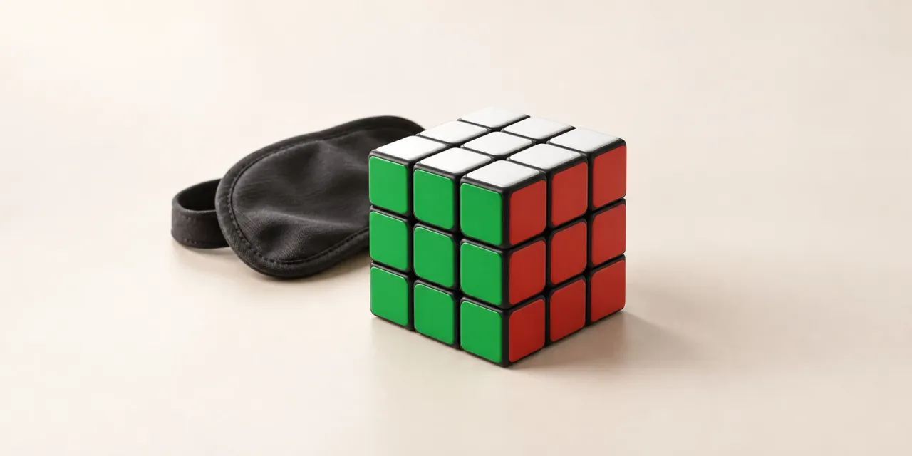 A solved cube beside a charcoal blindfold