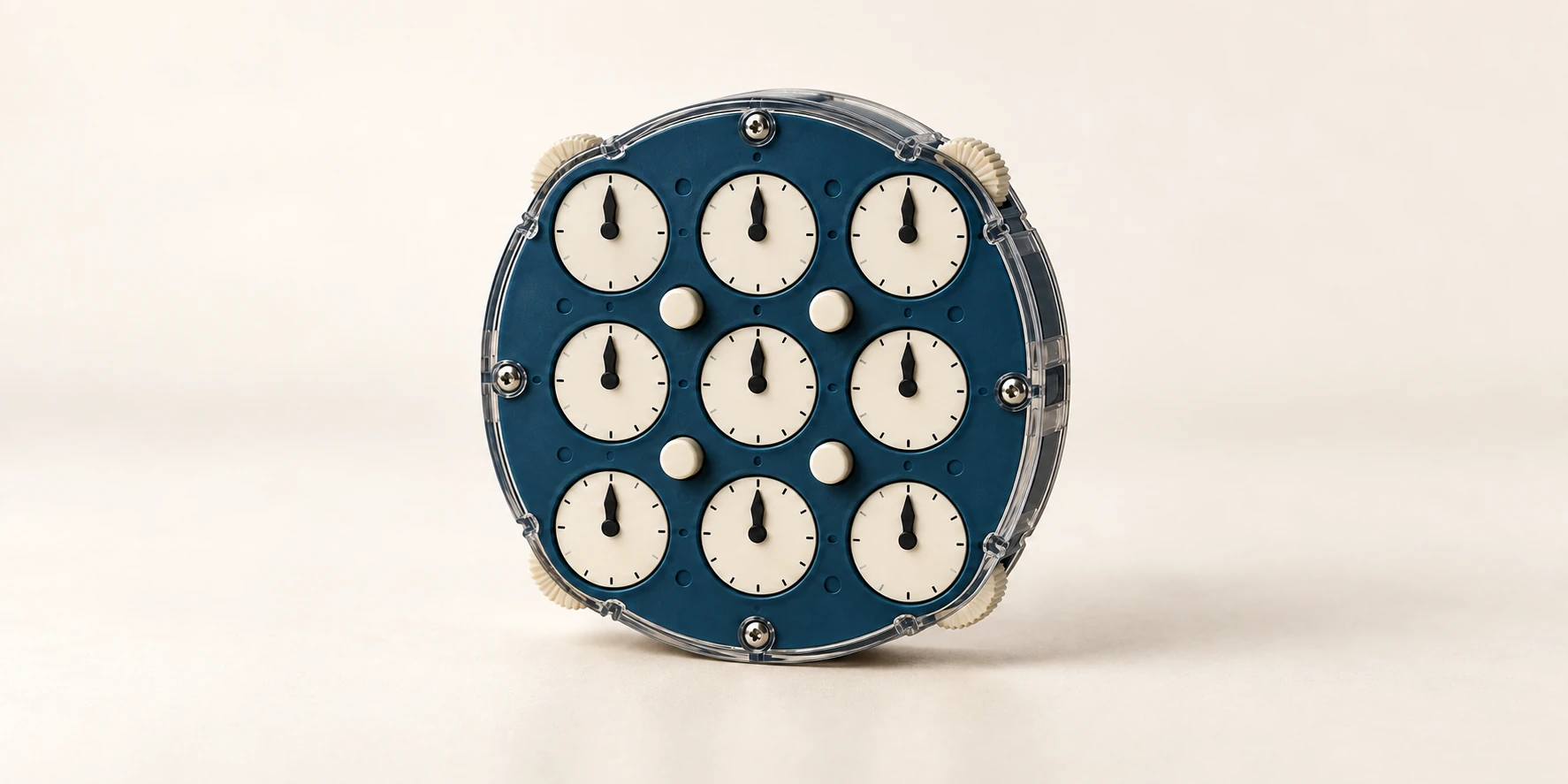 A blue Clock puzzle on a warm ivory background