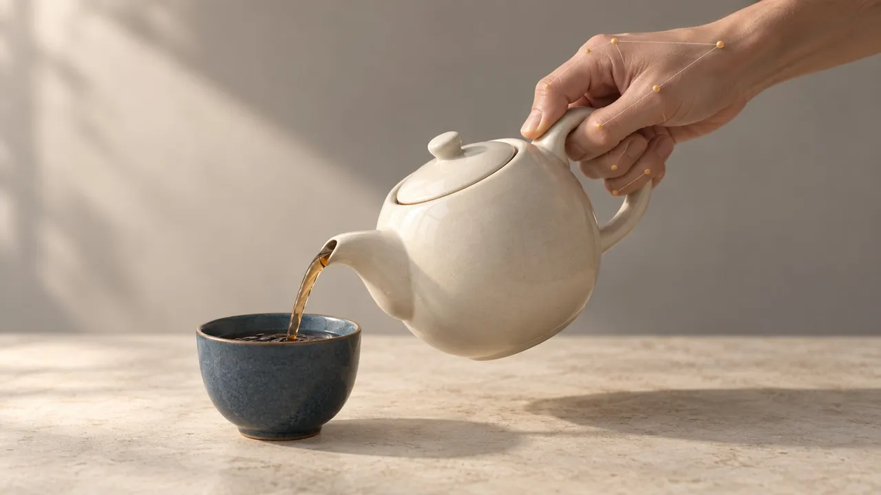 A human hand with motion-capture markers demonstrating how to pour tea