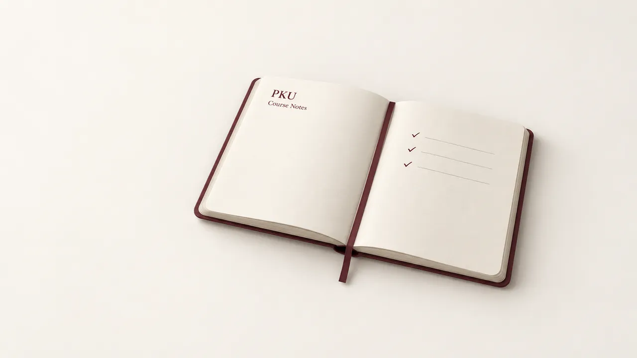 An open burgundy notebook with PKU course notes and three check marks