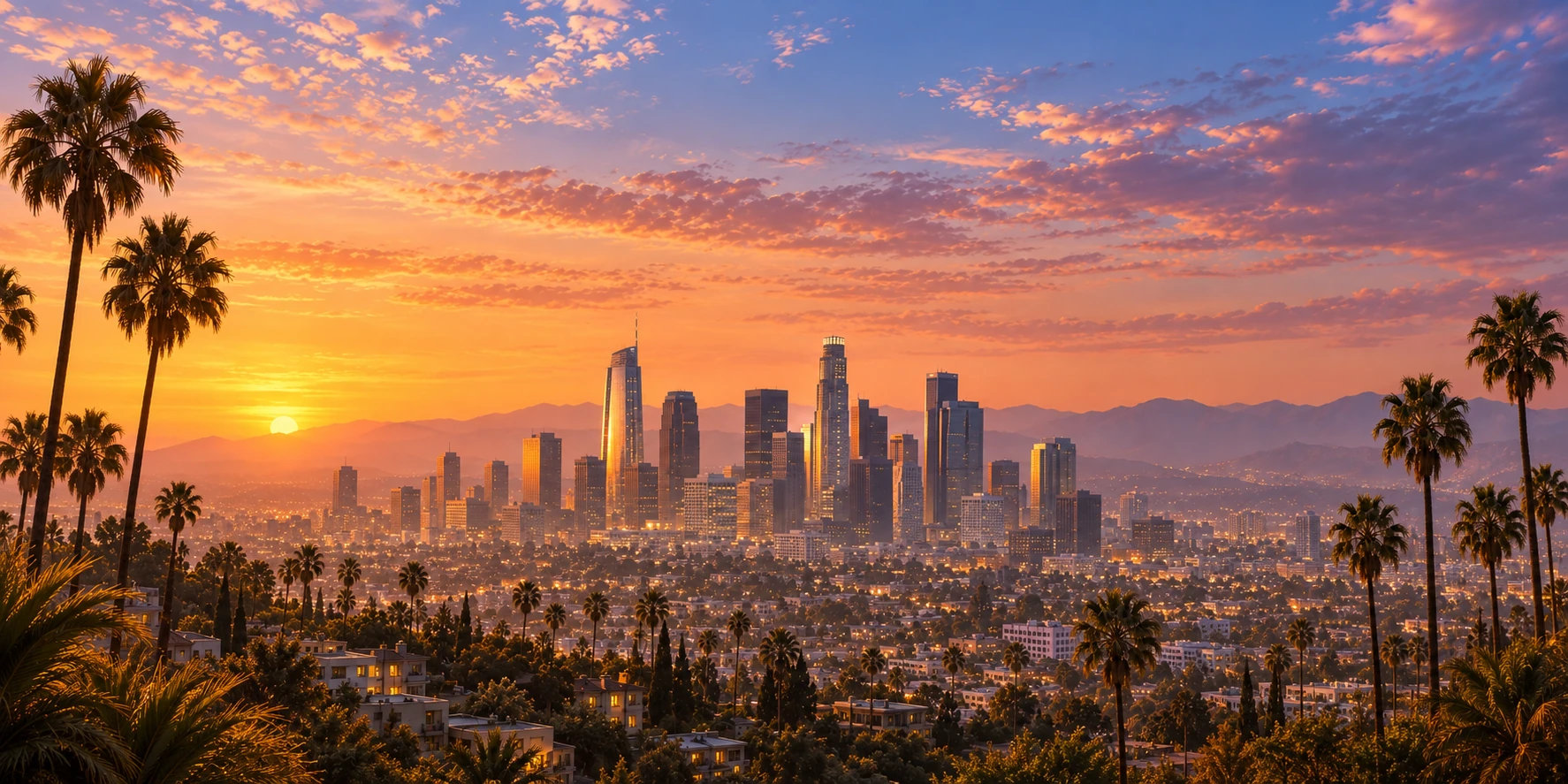 Los Angeles skyline and palm trees at sunset