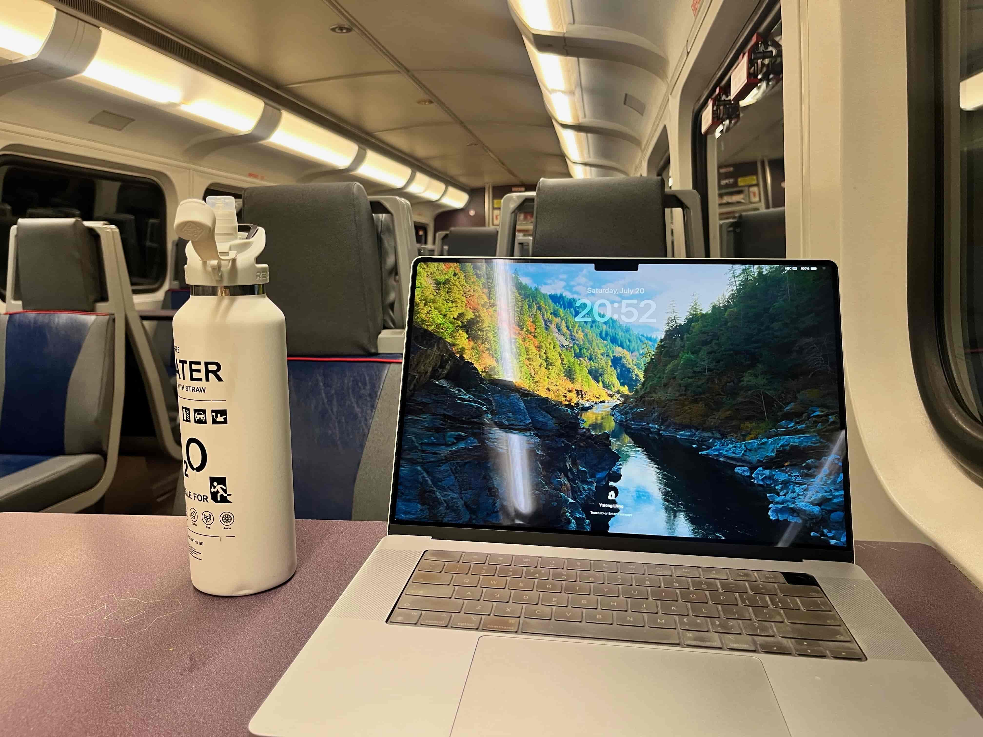 Inside Caltrain: seat with tables
