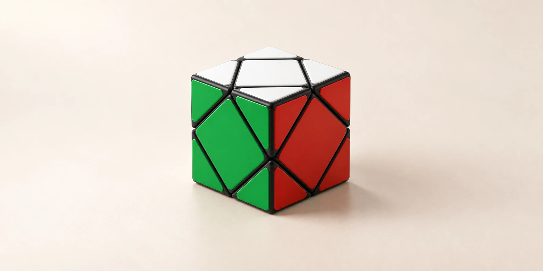A Skewb on a warm ivory background