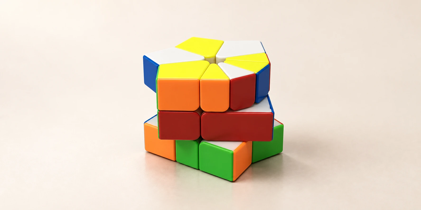 A scrambled Square-1 on a warm ivory background